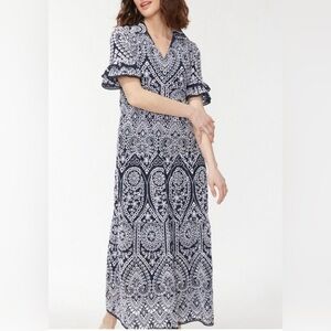 50% OFF New Chico’s Tiered Eyelet White and Blue Maxi Dress